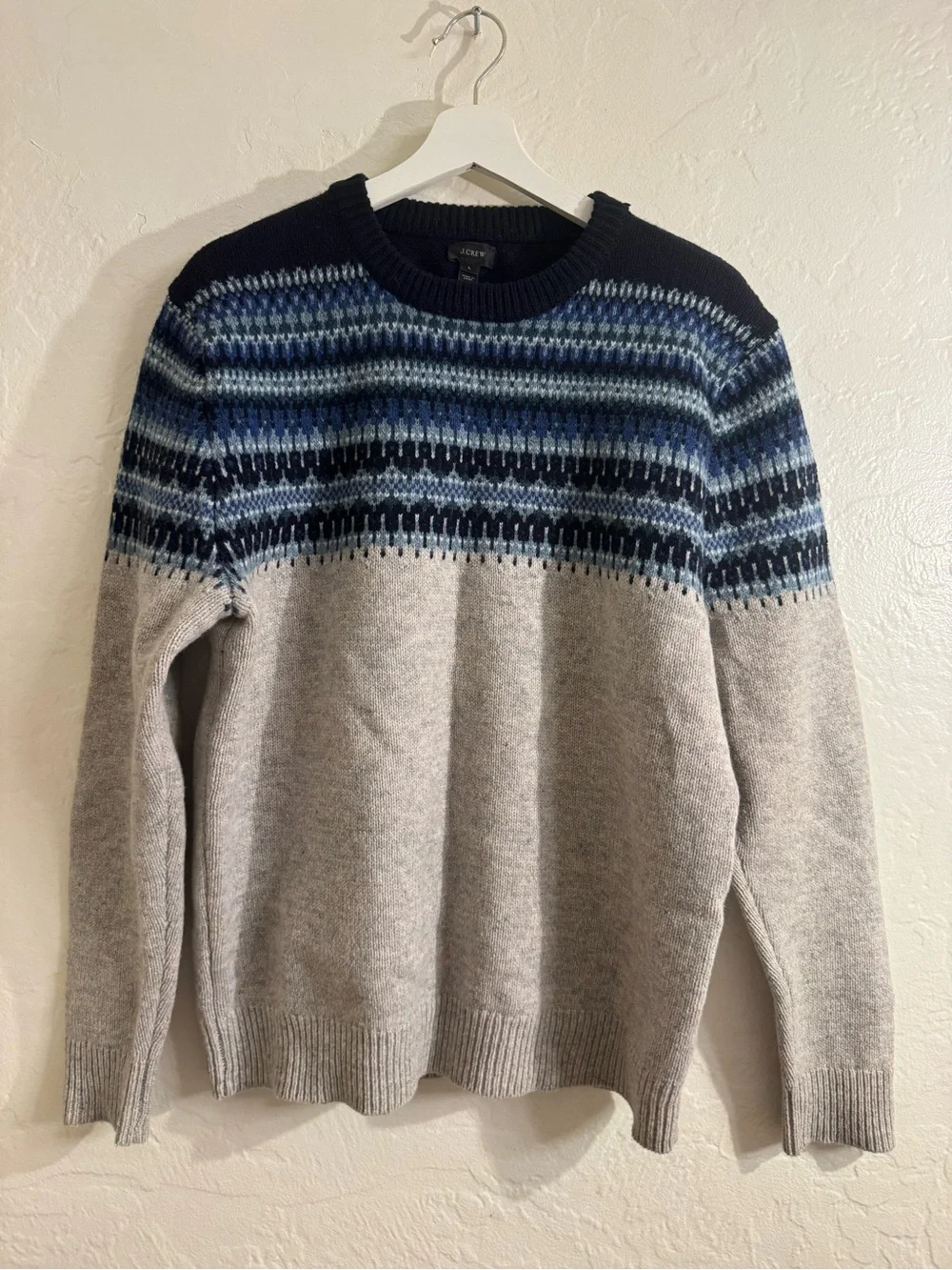 J.Crew Men’s 100% Lambswool Fair Isle Sweater Gray Blue Size L